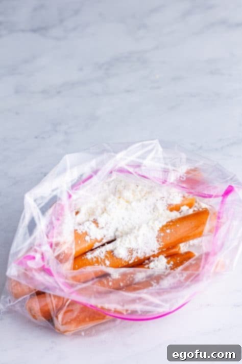 Hot dogs in a ziptop bag with flour.