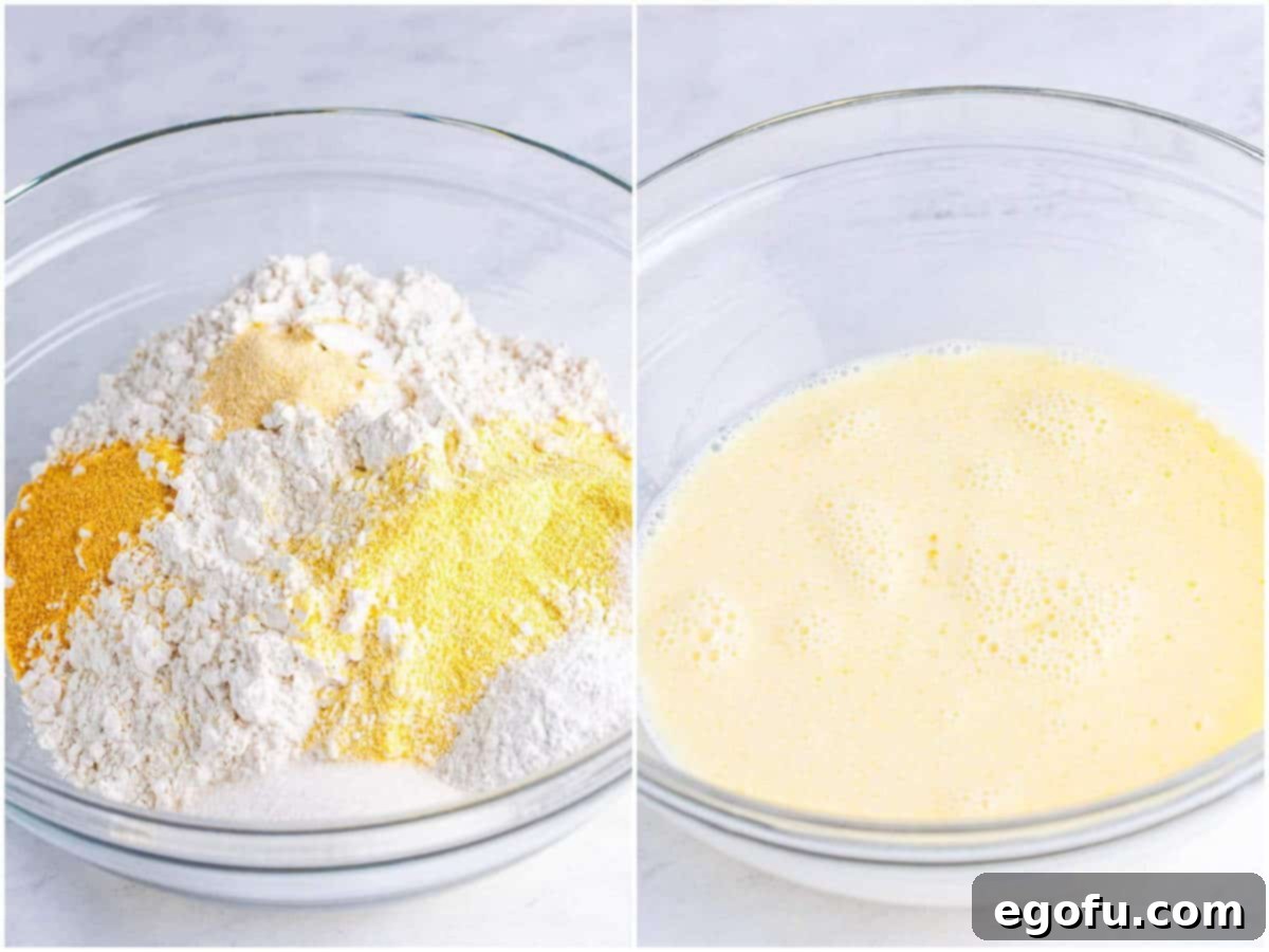A collage of two photos: a mixing bowl with yellow cornmeal, flour, sugar, baking powder, garlic powder, and onion powder; and a mixing bowl with milk, egg, oil, and honey being whisked.