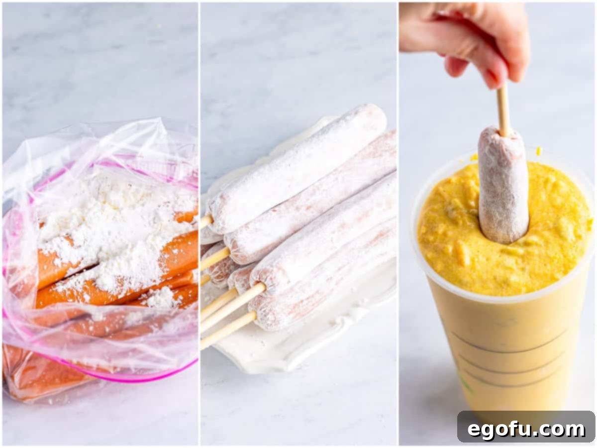 A college of three photos: hot dogs with cornstarch in a Ziploc bag; cornstarch coated hot dogs on skewers on a plate; a hot dog being dipped into corn dog batter.