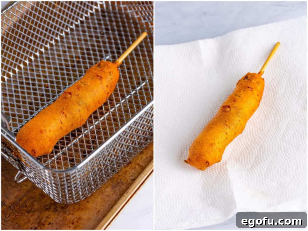 A collage of two photos: a fried Jalapeno Cheddar Corn Dog in a fryer basket; a fried Jalapeno Cheddar Corn Dog on a paper towel.
