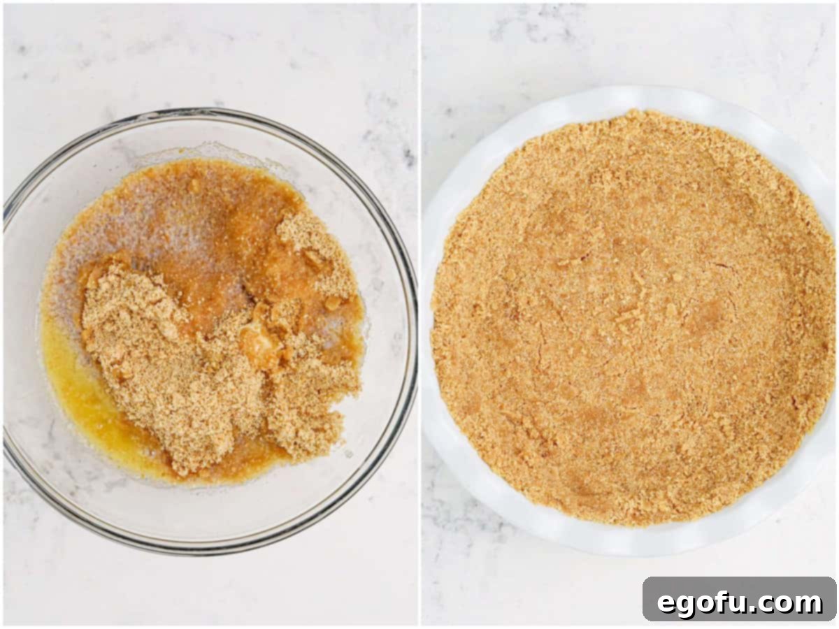 collage of two photos: Nilla cookie crumbs and melted butter in a mixing bowl; cookie crust in a pie pan.