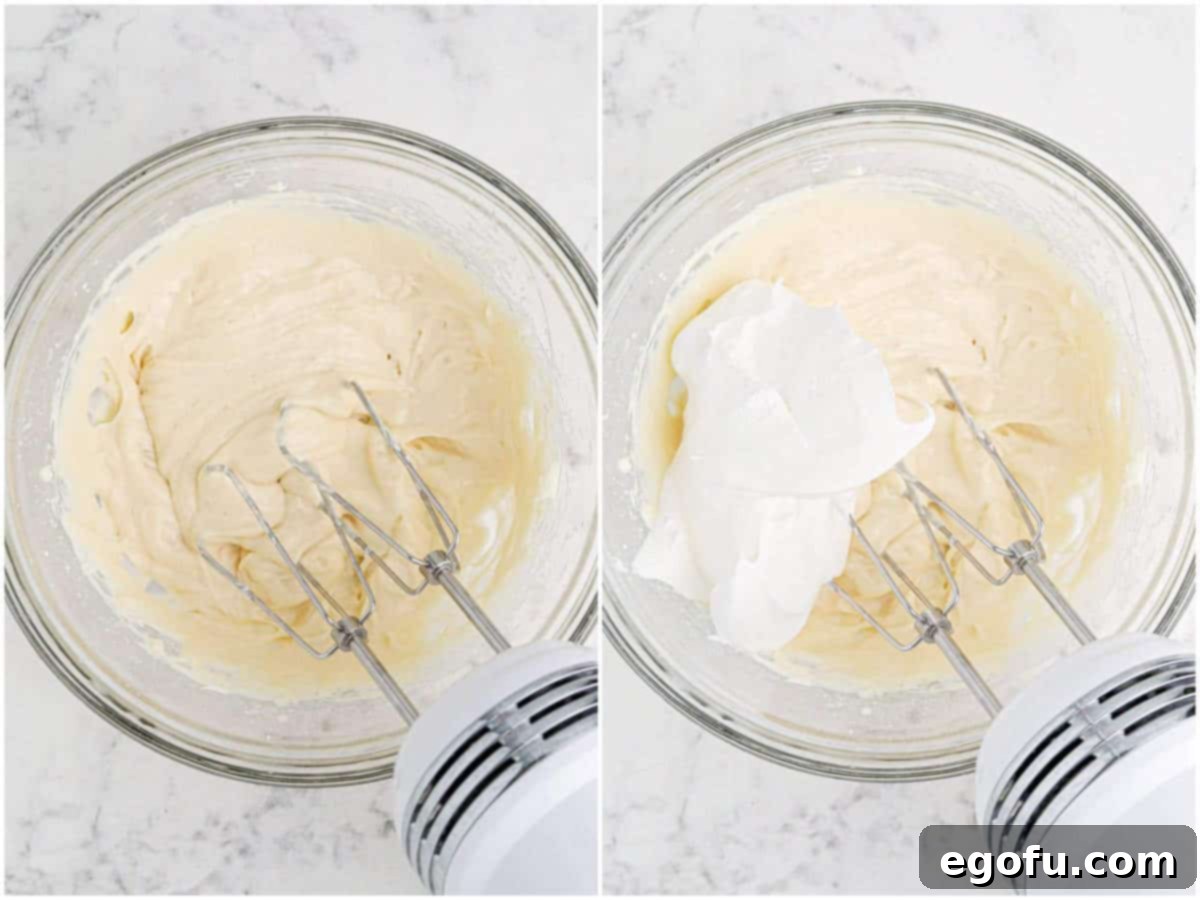 collage of two photos: a mixing bowl with softened cream cheese, powdered sugar, caramel sauce and vanilla extract; whipped topping added to mixing bowl.