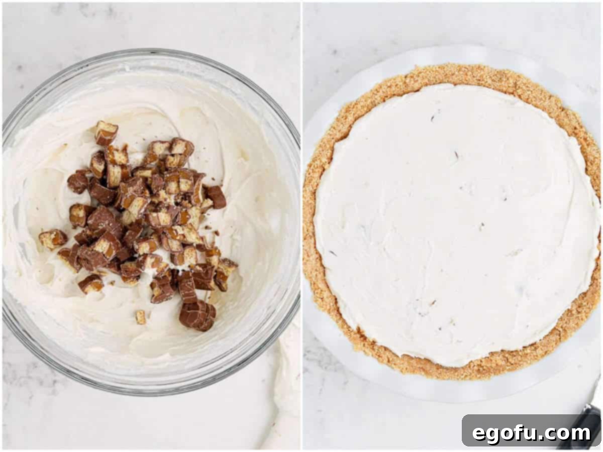 collage of two photos: chopped Twix added to the pie filing in a bowl; pie filling added pie crust. 