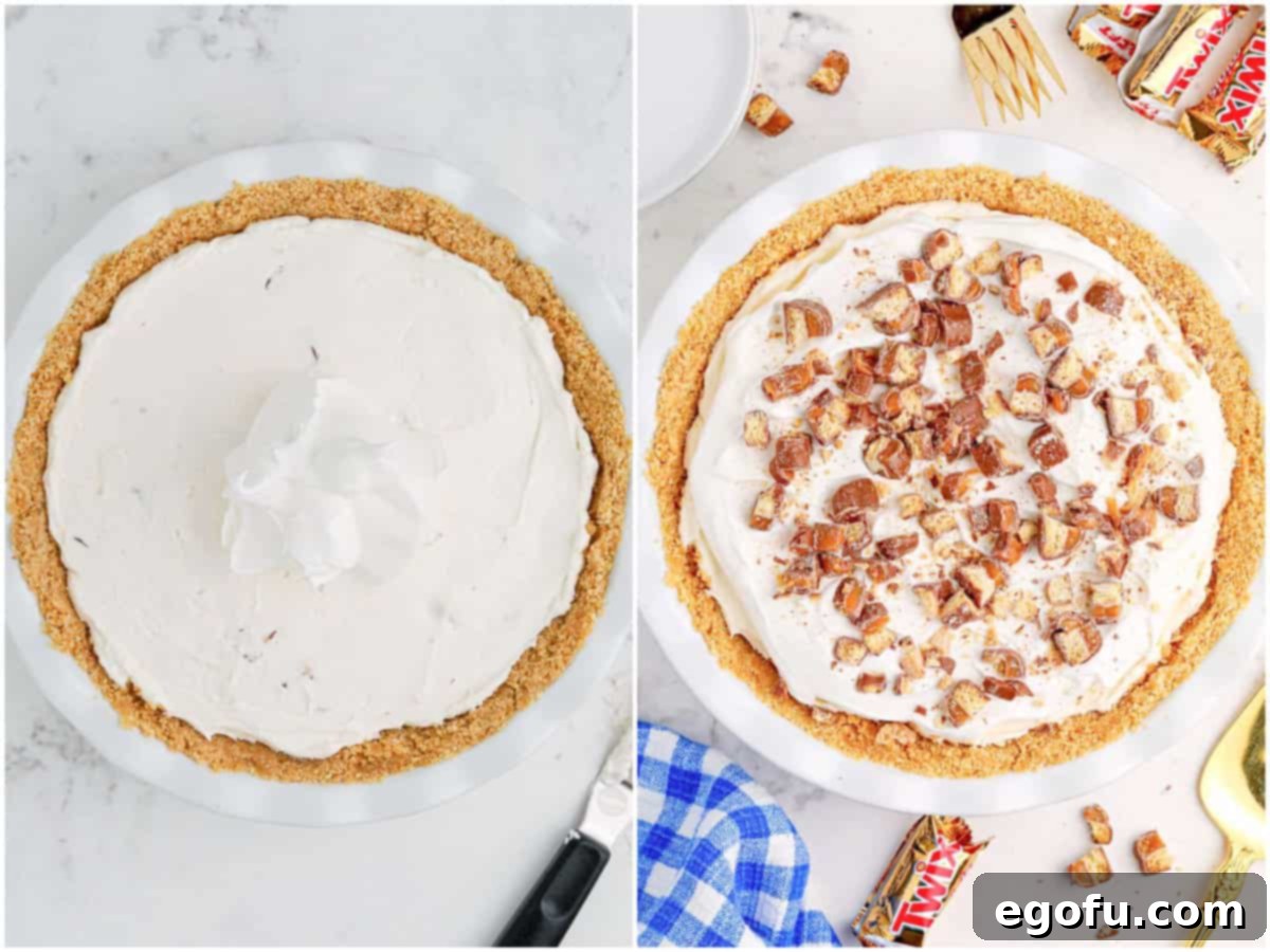 collage of two photos: whipped topping spread out over the pie filling; chopped Twix on top of pie. 