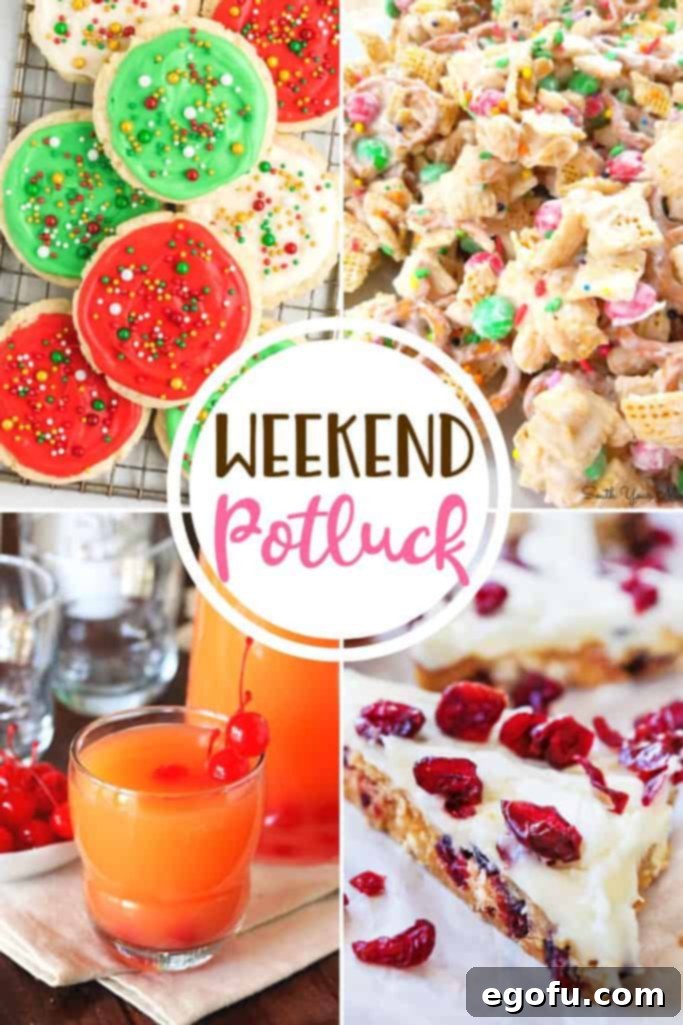 A collage of festive holiday recipes: Christmas Sugar Cookies, Grandma's Christmas Punch, Cranberry Bliss Bars, White Chocolate Trash, perfect for your holiday celebration.