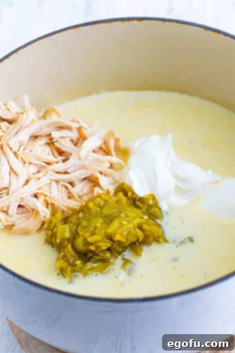 shredded chicken, green chiles and sour cream added to dutch oven.