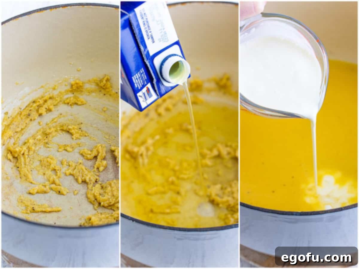 A collage of three photos showing the process of making White Chicken Enchilada Soup: first, butter, flour, adobo seasoning, and pepper cooking in a Dutch oven; second, chicken broth being slowly poured into the mixture; third, heavy cream being added to the soup.