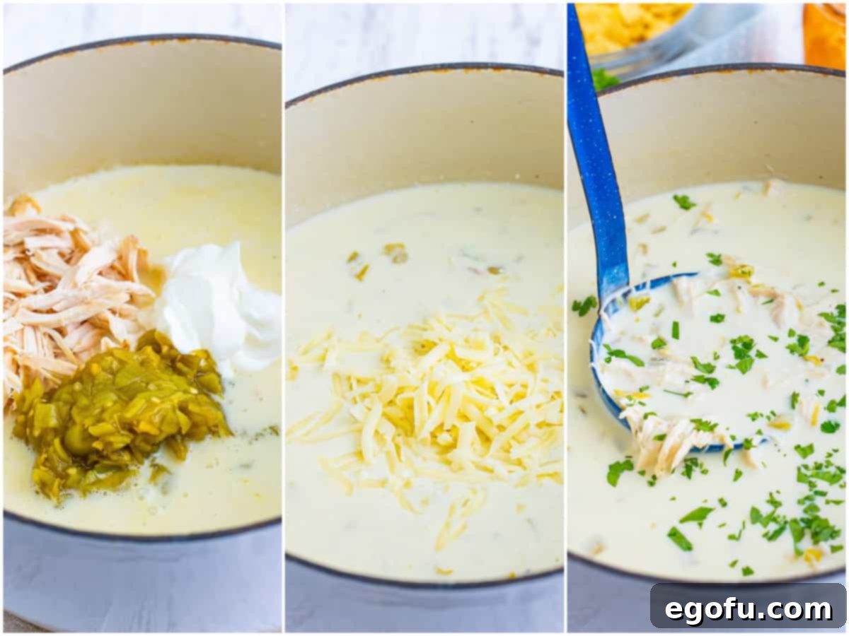 A collage of three photos showing the final steps of making White Chicken Enchilada Soup: first, shredded chicken, sour cream, and diced chiles being stirred into the soup; second, shredded cheese being added to the soup; third, a ladle scooping up the finished soup from the pot.