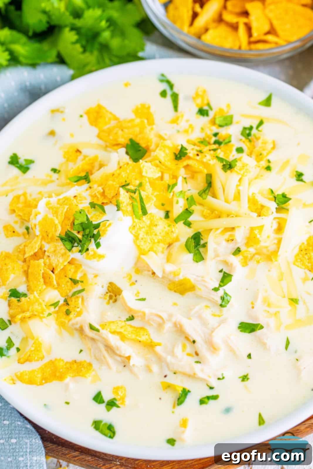 Looking down closely on a garnished pot of White Chicken Enchilada Soup with fresh cilantro, sour cream, and crushed tortilla chips.