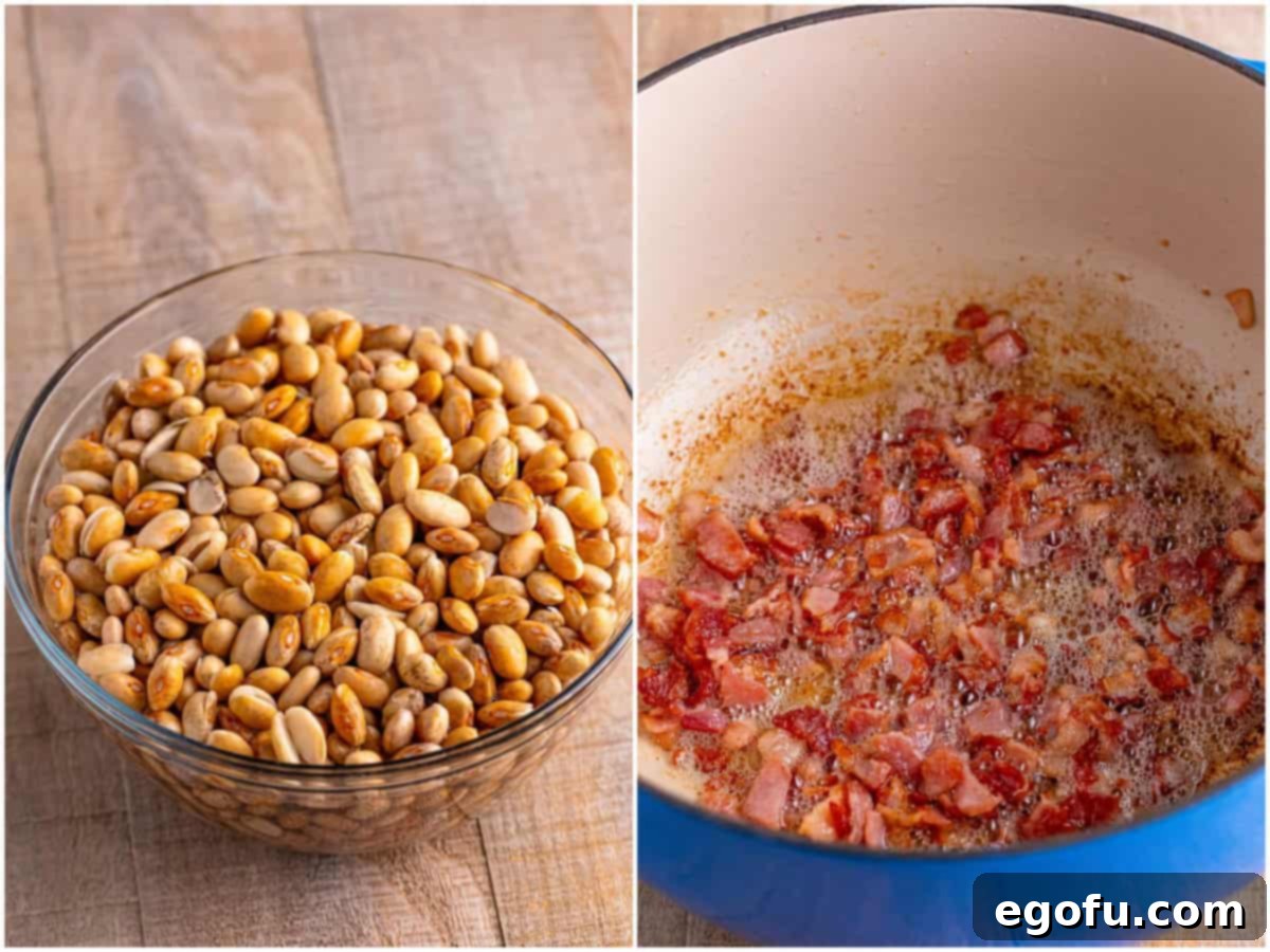 collage of two photos: pinto beans after soaking in water; bacon pieces cooking in a dutch oven. 