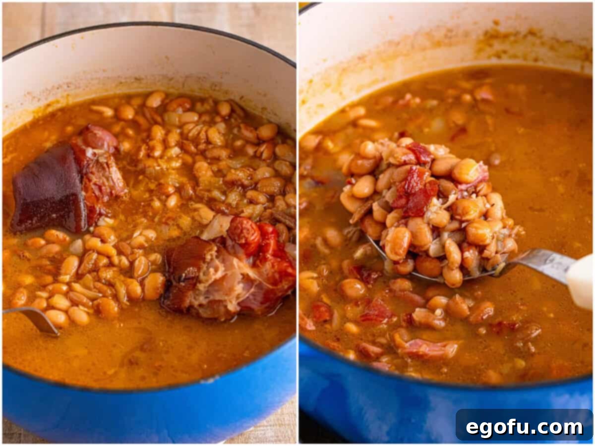 collage of two photos: soup beans after they have simmered for a couple of hours in the pot; a spoon scooping up some of the beans out of the pot. 