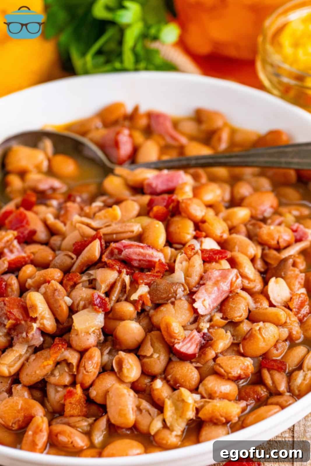 Looking down on Soup Beans in a white serving wall.