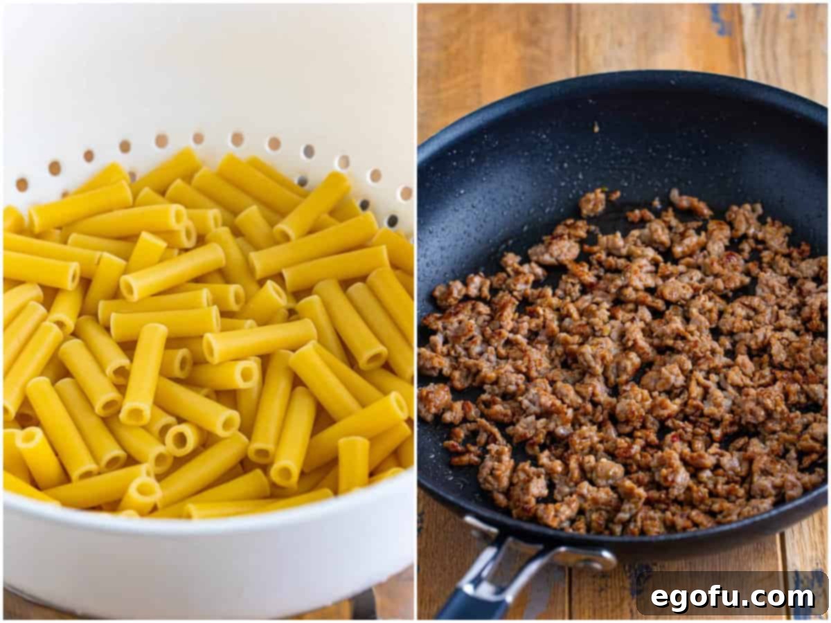 Collage for two photos: cooked ziti pasta in a colander; cooked ground Italian sausage in a skillet.
