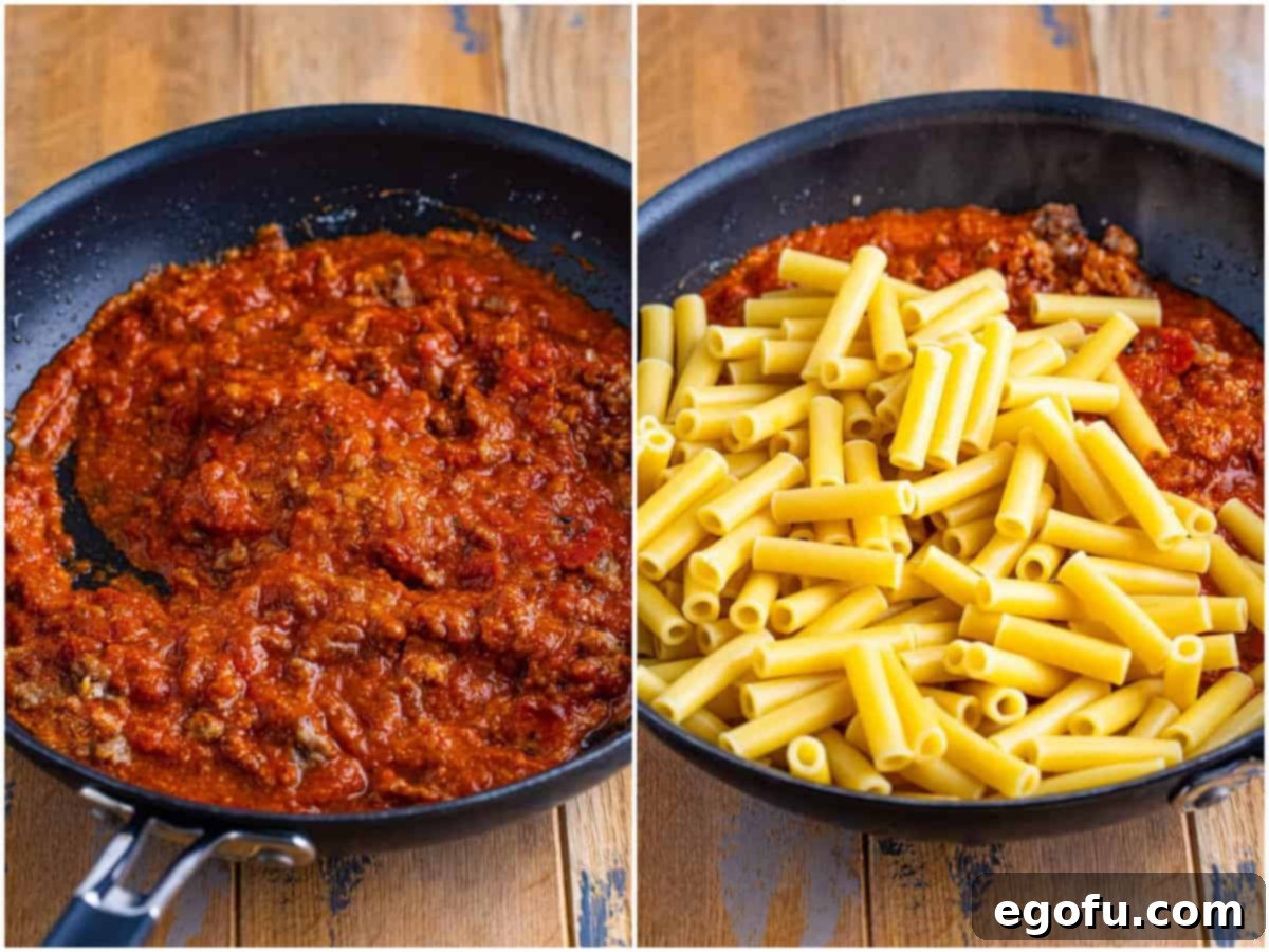 Collage of two photos: pasta sauce added to skillet with Italian sausage; cooked ziti pasta added to skillet with sauce.