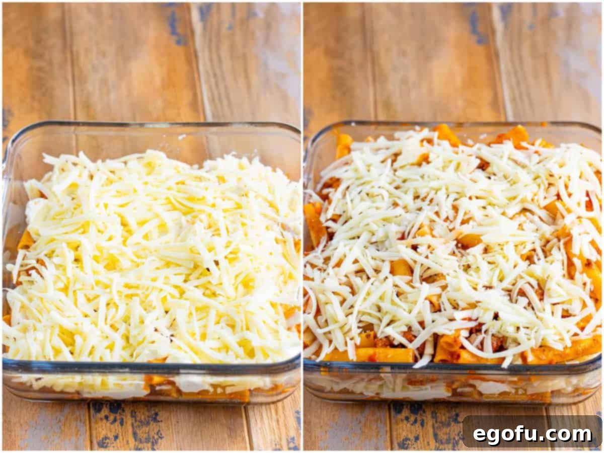 Collage of two photos: Baking dish with the first few layers of uncooked baked ziti; unbaked baked ziti in a glass casserole dish with all layers.