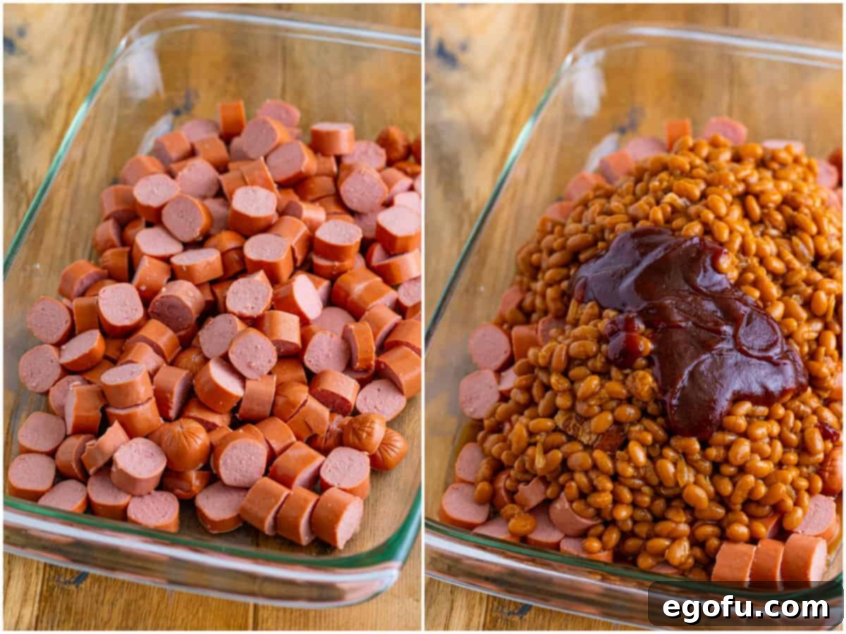 A collage of two photos: The first shows evenly sliced hot dogs arranged in a baking dish. The second depicts baked beans and BBQ sauce being added to the hot dogs, ready for mixing.
