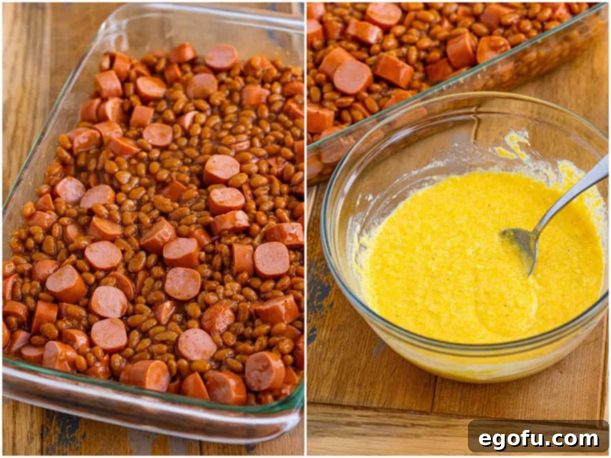 A collage showing two preparation stages: first, the hot dogs and beans spread evenly in a baking dish; second, a bowl of smooth cornbread batter with a spoon.