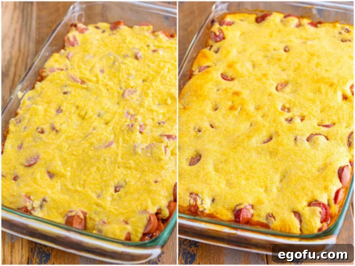 A collage illustrating two stages: first, the cornbread mixture being spread over the bean and hot dog base; second, the casserole after its initial bake, with a set cornbread topping.