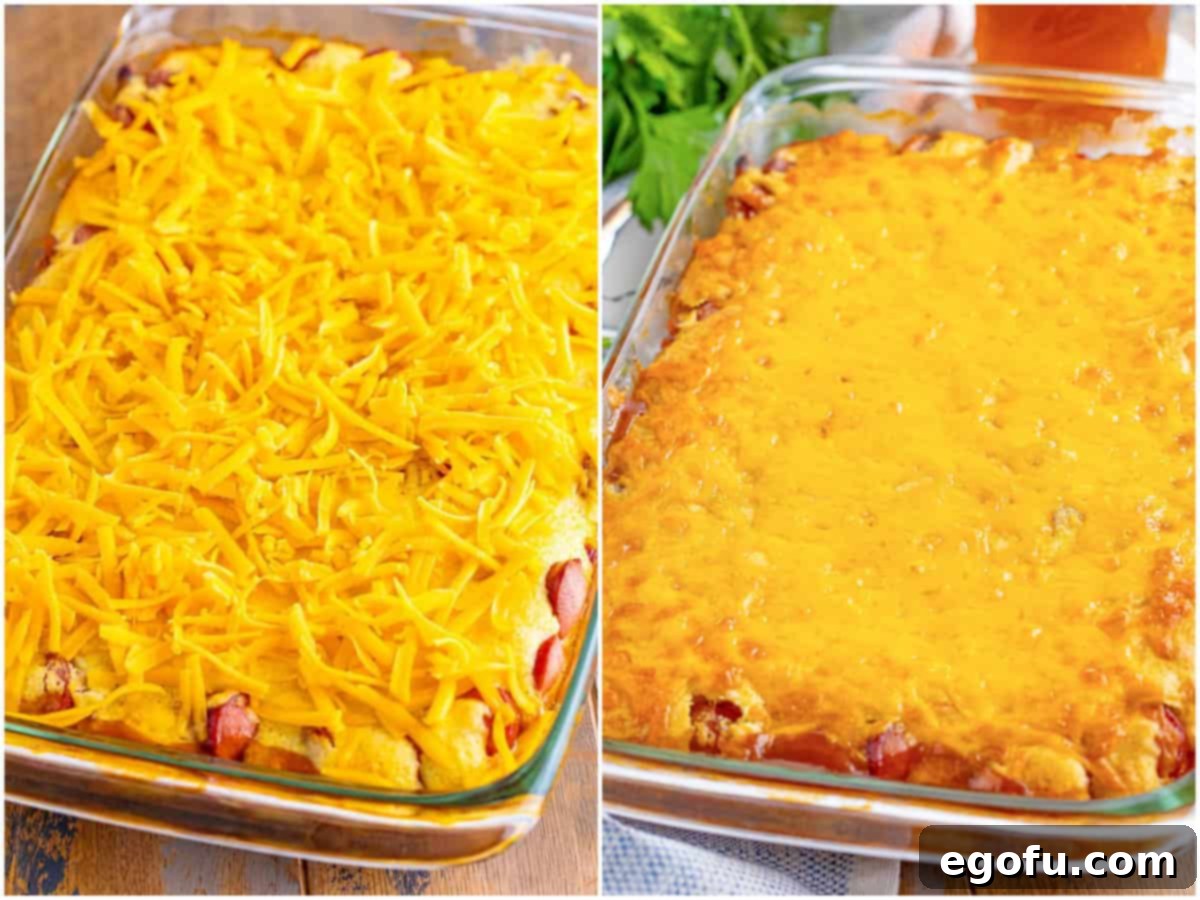A collage showing two baking steps: first, shredded cheddar cheese generously applied over the partially baked casserole; second, the fully baked Beanie Weenie Casserole with melted, bubbly cheese on top.