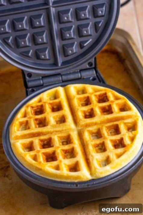A golden brown baked Buttermilk Waffle.