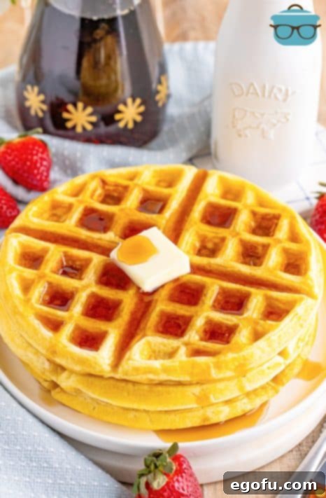 A few homemade Buttermilk Waffles in a stack with a small pad of butter and syrup drizzled on top.