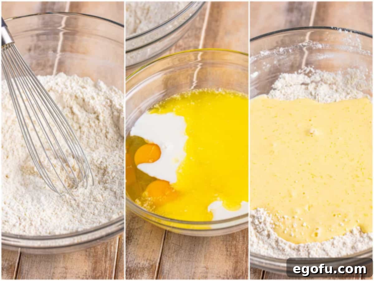 A whisk vigorously combining all-purpose flour, baking powder, and sugar in a clear glass bowl, illustrating the first step of mixing dry ingredients for waffles.