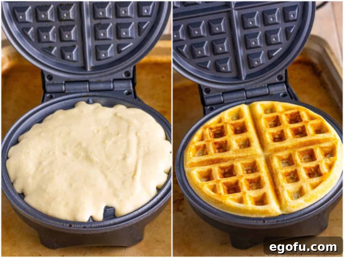 Waffle batter being carefully poured into a hot, preheated waffle iron, showing the process of making fresh waffles.