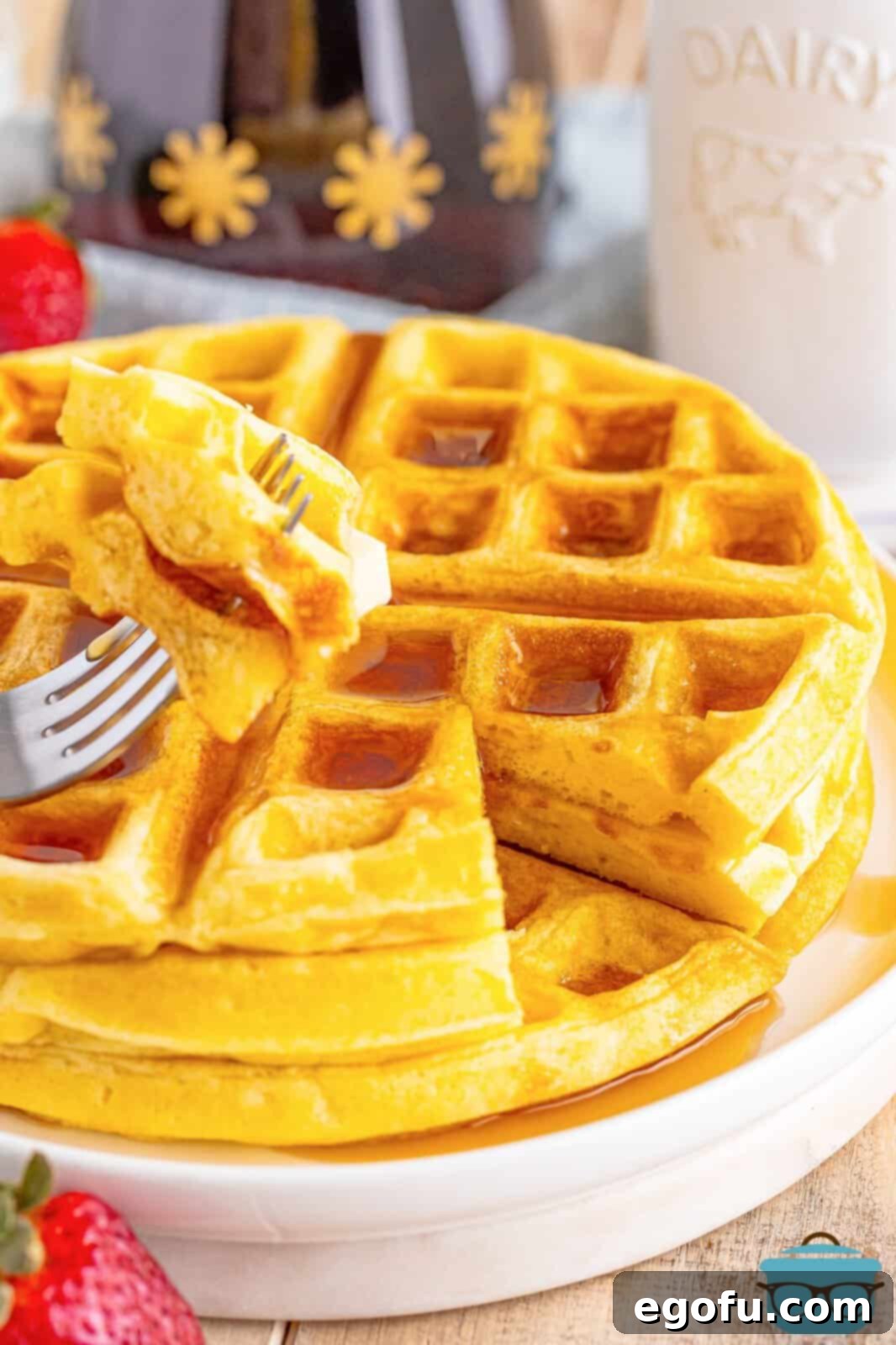 A fork gracefully piercing a fluffy buttermilk waffle, held above a inviting stack of waffles, poised for a delightful bite.