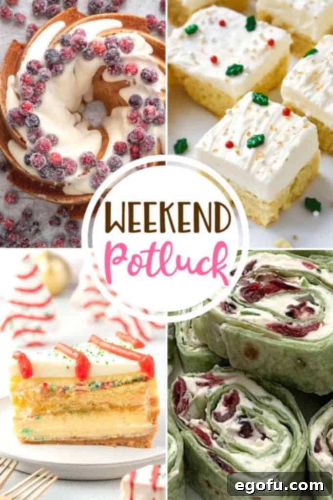 Weekend Potluck featured recipes: The most-clicked Sugar Cookie Bars, festive Christmas Cranberry Pound Cake, fun Little Debbie Christmas Tree Cheesecake, and savory Cranberry Jalapeño Pinwheels.