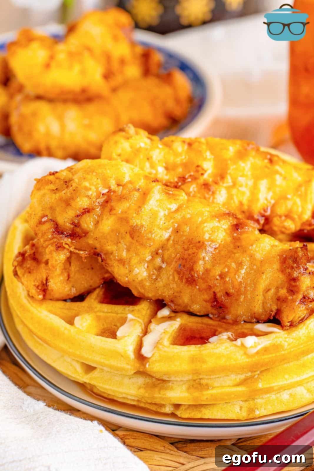 Close up looking down on a plate of homemade Chicken and Waffles.