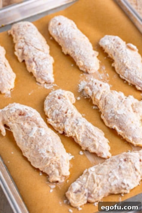 Flour coated chicken tenders on a parchment lined baking sheet.