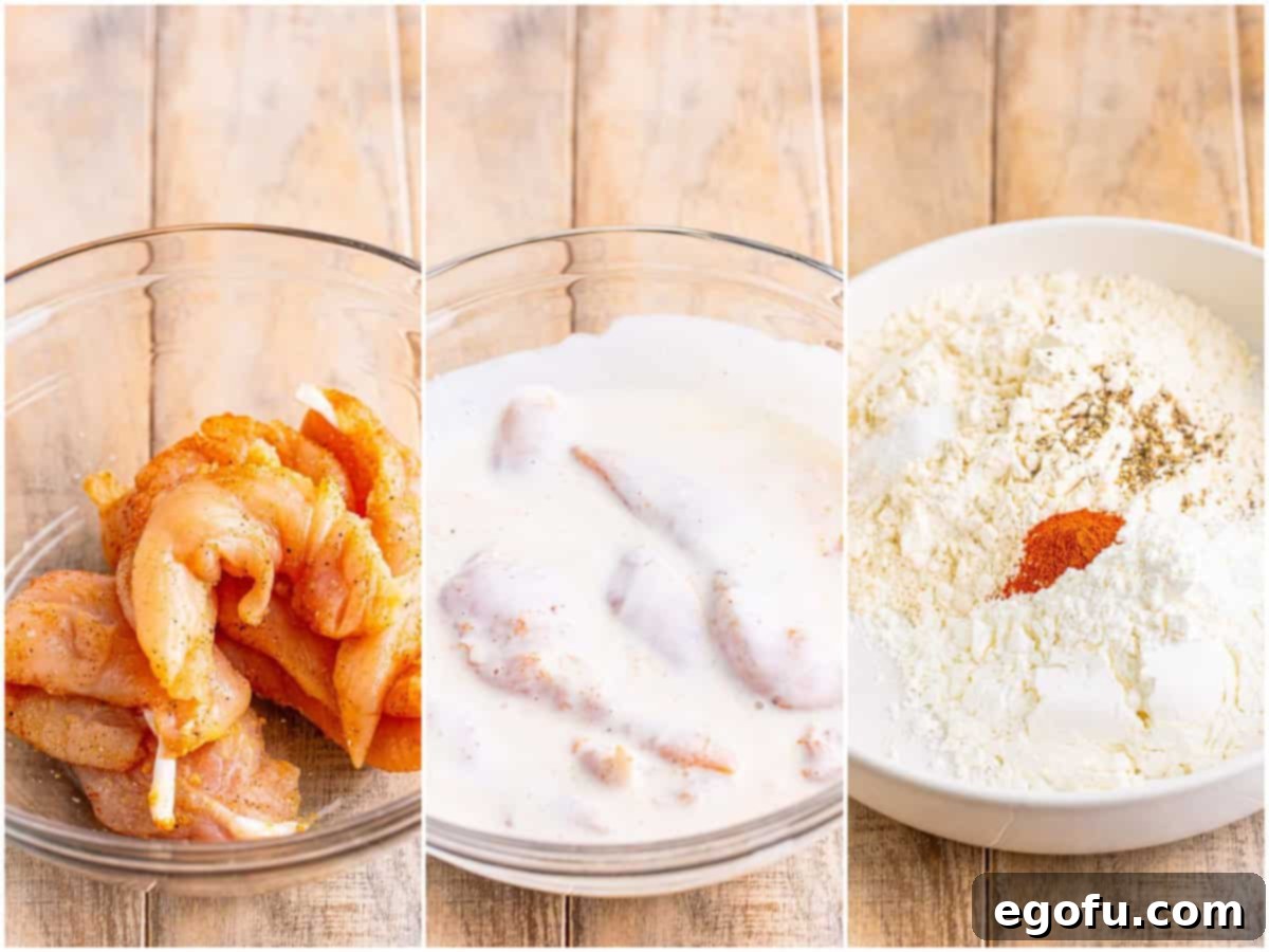 collage of three photos: seasoned chicken tenders; chicken tenders in buttermilk; seasoned flour in a bowl. 