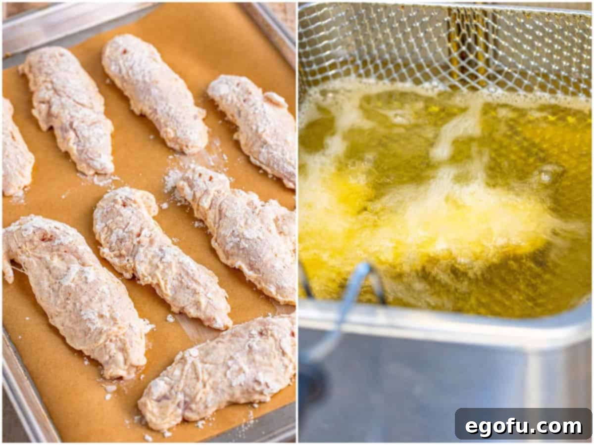 collage of two photos: batter coated chicken tenders on a baking sheet; chicken tenders frying in oil in a deep fryer. 