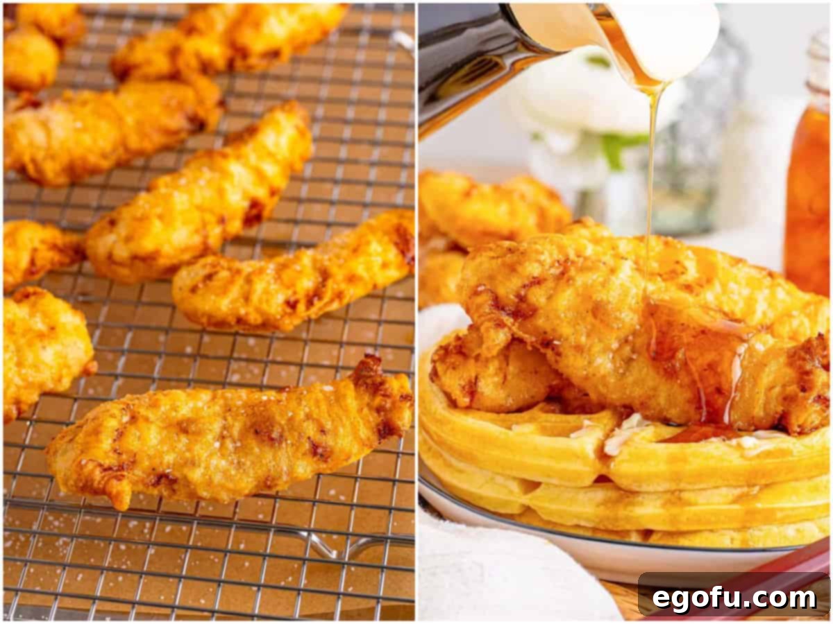 collage of two photos: fried chicken tenders on a wire rack; maple syrup being drizzled over fried chicken and waffles. 