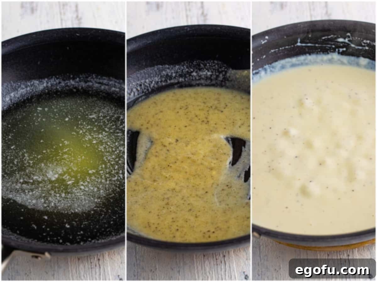 collage of three photos: melted butter in a skillet; flour and pepper added to melted butter; milk added to skillet. 