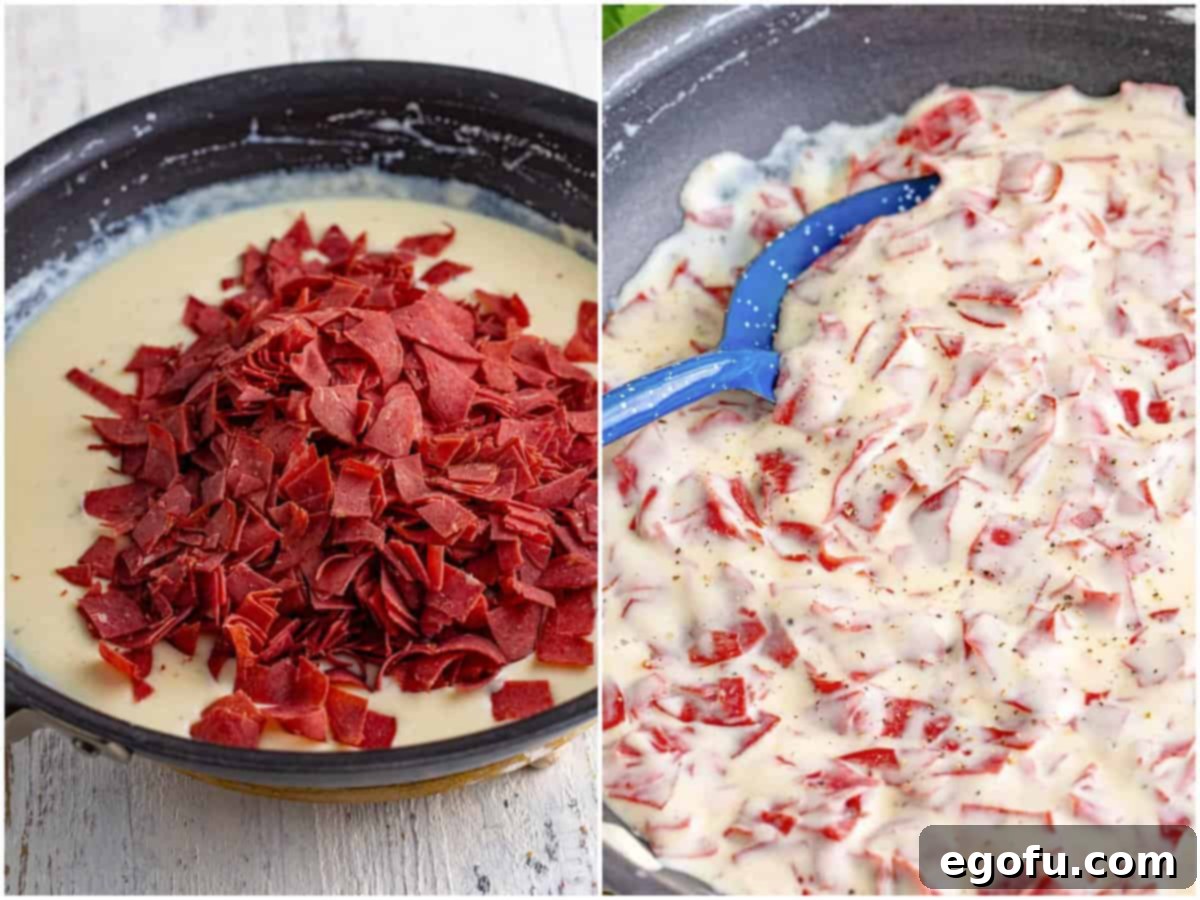 collage of two photos: chopped dried beef added on top of creamy sauce in a skillet; fully cooked creamed chipped beef in skillet. 