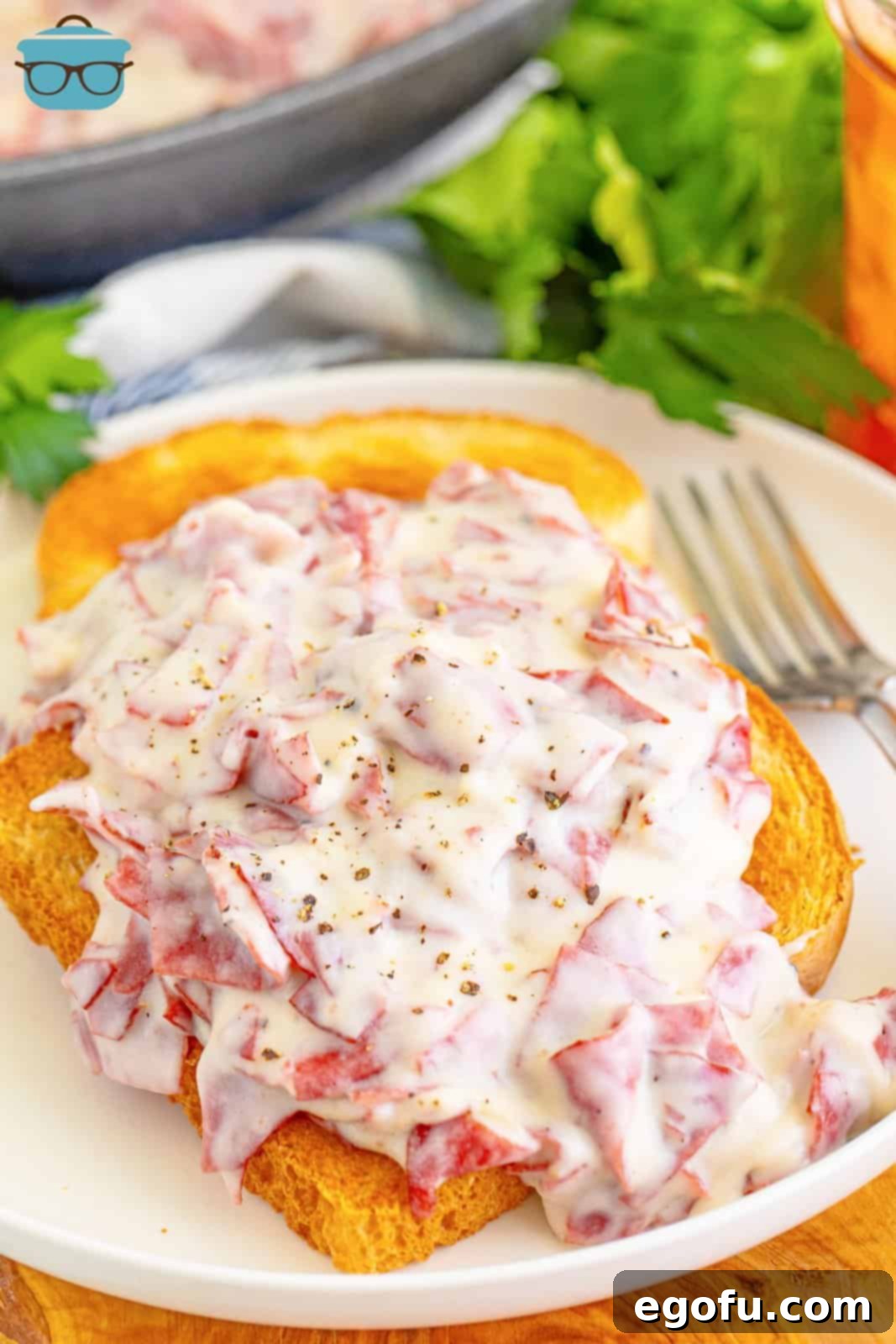 A plate with some Creamed Chip Beef on toast.