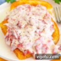 Closely looking at Creamed Chip Beef on some toast.