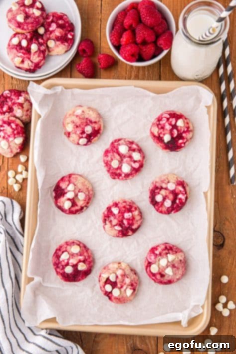 Fresh baked Raspberry White Chocolate Cookies on a baking sheet.