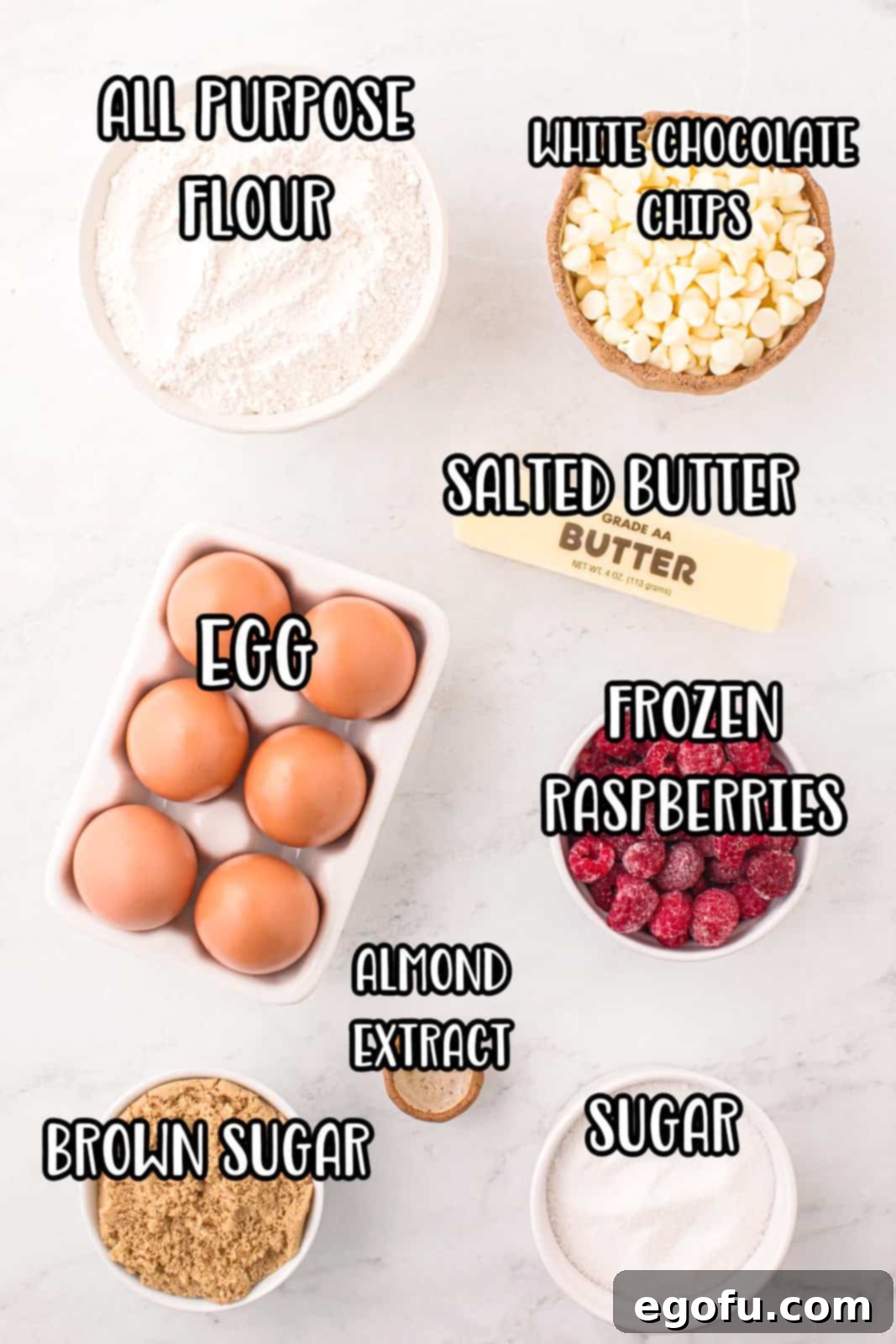 Egg, all purpose flour, light brown sugar, butter, sugar, almond extract, white chocolate chips, and frozen raspberries.