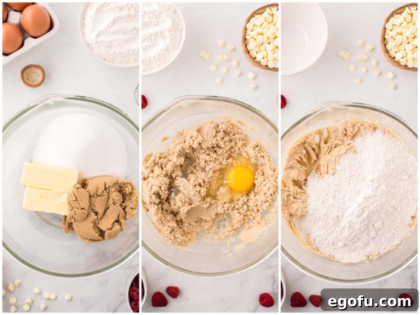 collage of three photos: butter, brown sugar, and white sugar in a glass mixing bowl; egg added to mixture; flour added to mixture in bowl. 
