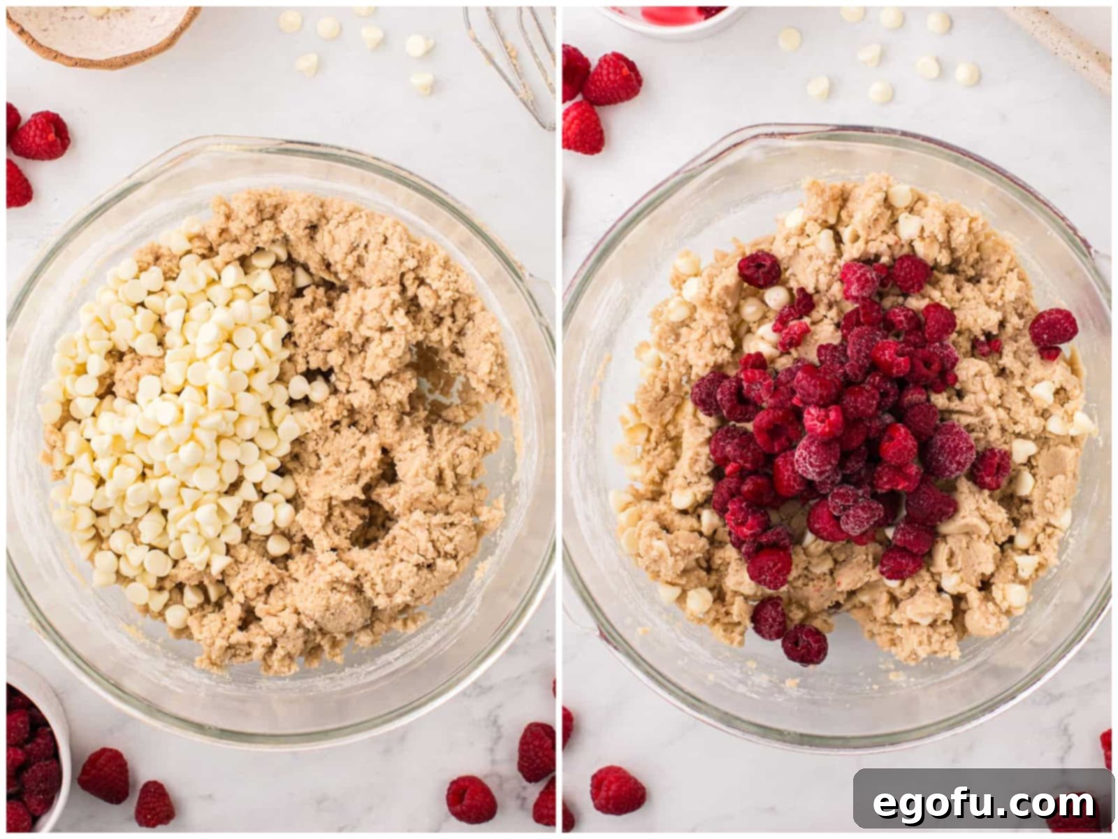 collage of two photos: white chocolate chips added to cookie dough batter; frozen strawberries added to cookie dough batter.