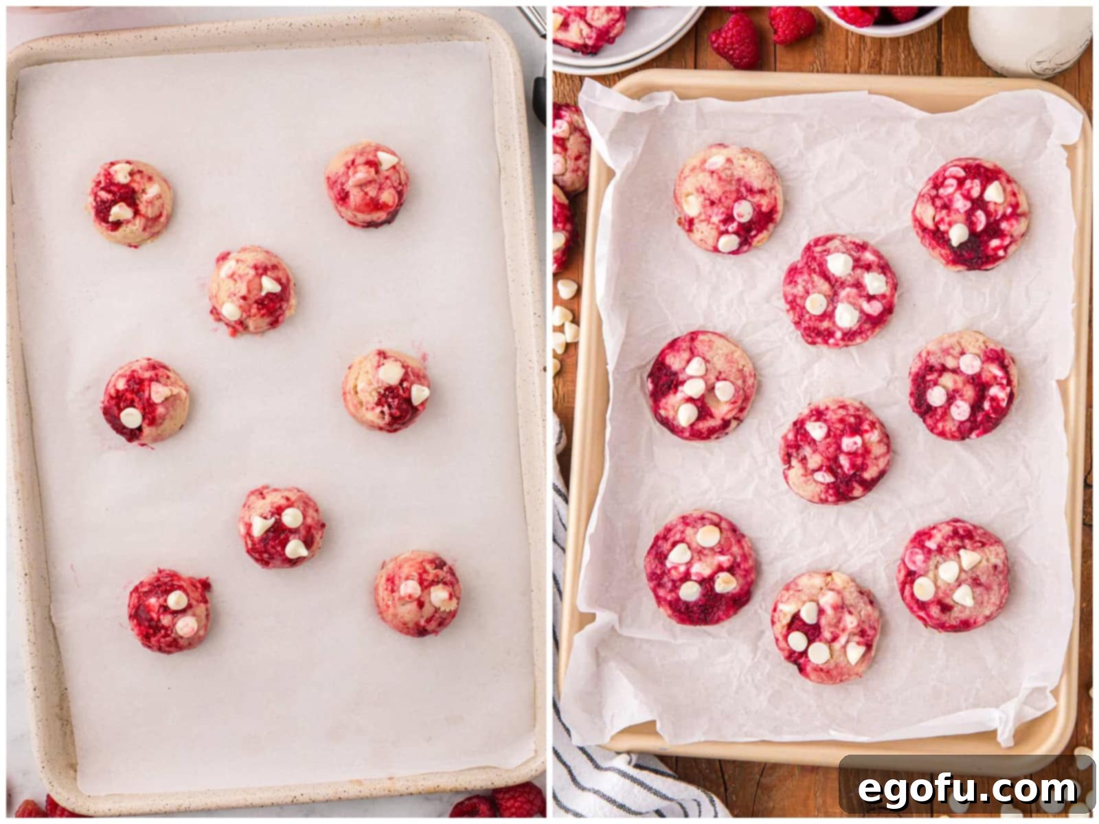 collage of two photos: Raw Raspberry White Chocolate Chip Cookies on a lined baking sheet; Fresh baked Raspberry White Chocolate Cookies on a baking sheet.