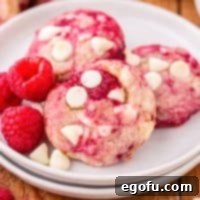 Three Raspberry White Chocolate Cookies on a serving plate.