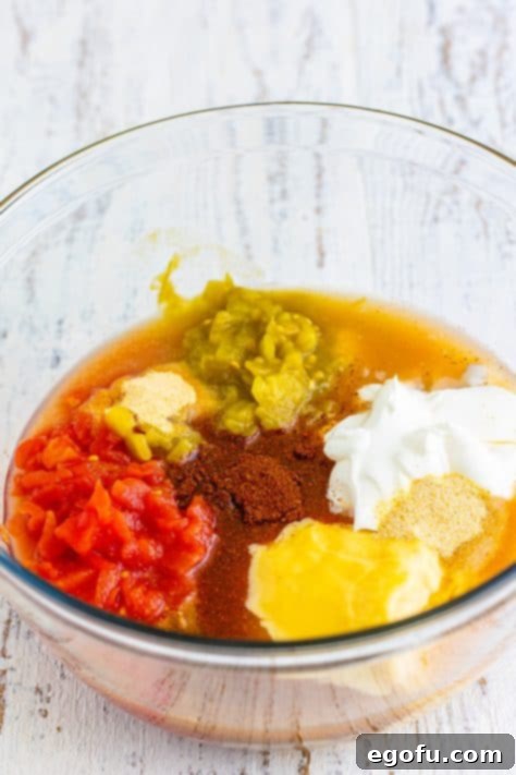 A mixing bowl with diced tomatoes, cream of chicken soup, cream of mushroom soup, chopped green chiles, chicken stock, sour cream, chili powder, garlic powder, cumin, and onion powder.