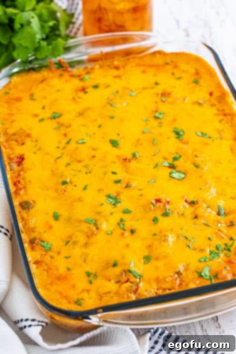 A baked King Ranch Chicken Casserole in a glass dish.