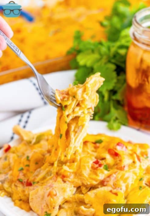 A fork holding a bite of King Ranch Chicken Casserole.