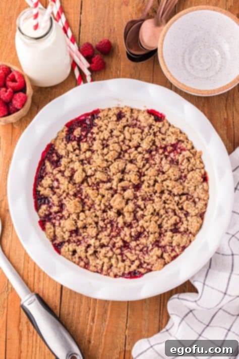 A freshly baked Raspberry Crumble in a pie plate.