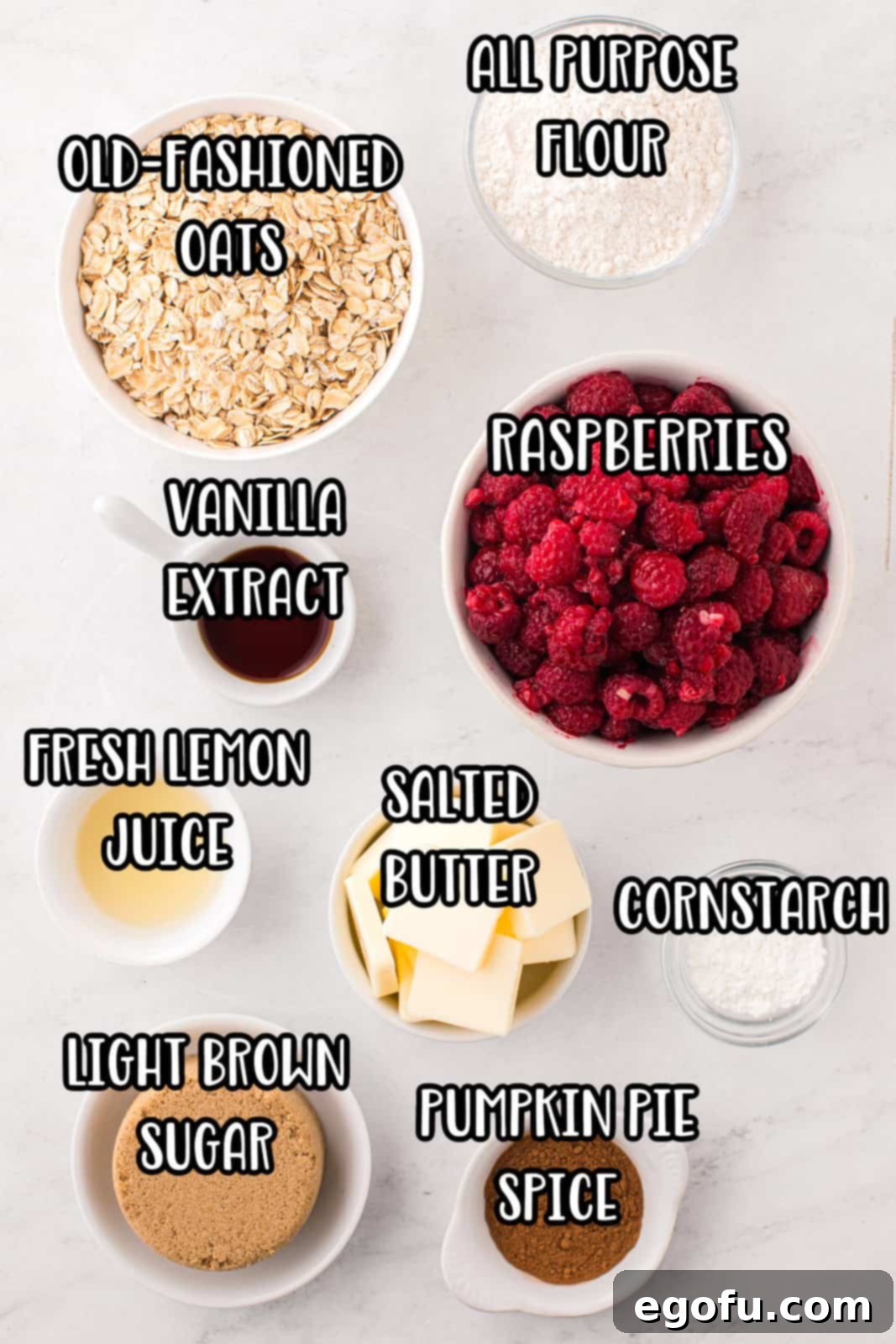 Raspberries, cornstarch, salted butter, light brown sugar, vanilla extract, lemon juice, old fashioned oats, flour, and pumpkin pie spice.