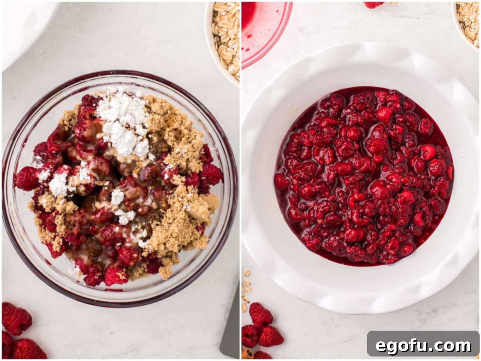 collage of two photos: A glass mixing bowl with light brown sugar, cornstarch, lemon juice and vanilla extract; raspberry filling in a pie pan.